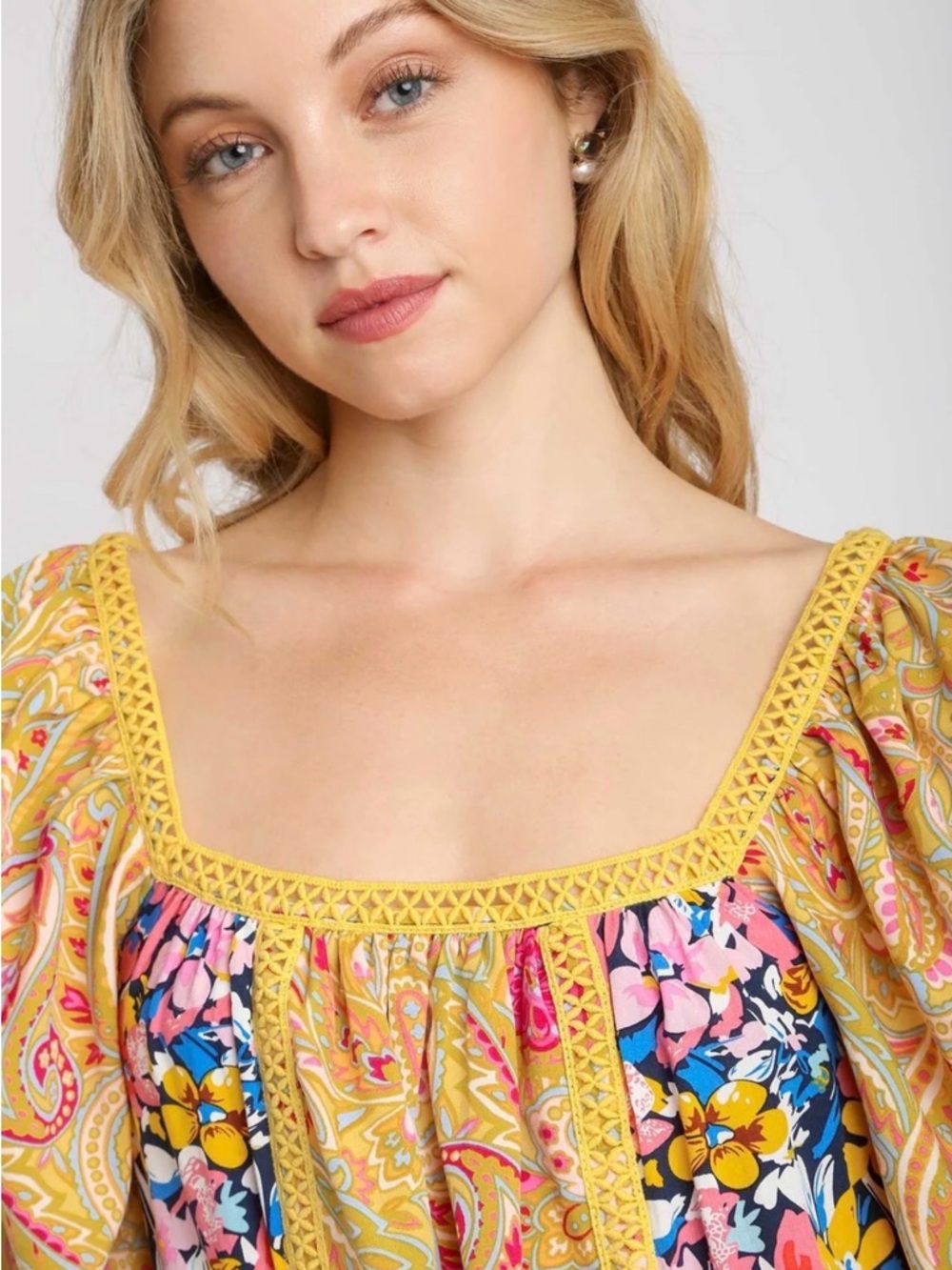 Umgee Boho Floral Paneled Peasant Top Sz S - Picture 4 of 7